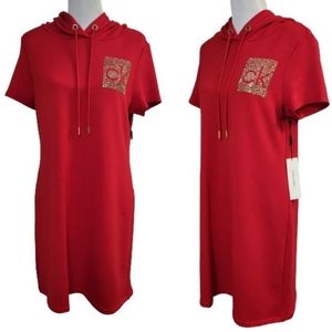 🆕️Calvin Klein Red Short Sleeve Hoodie T-Shirt Dress With CK Logo